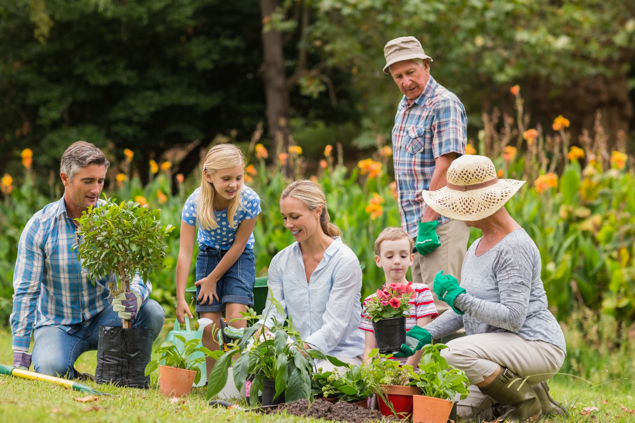 Mehrere Generationen bei der Gartenarbeit – Symbolbild